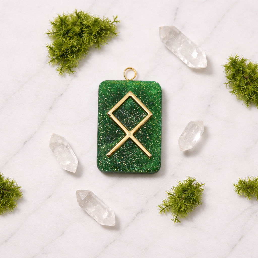 Othala Rune Reçine Kolye Ucu - Miras ve Aidiyet Sembolü - Yeşil Işıltılı El Yapımı Mitolojik Takı - Kadim Koruyucu Tılsım