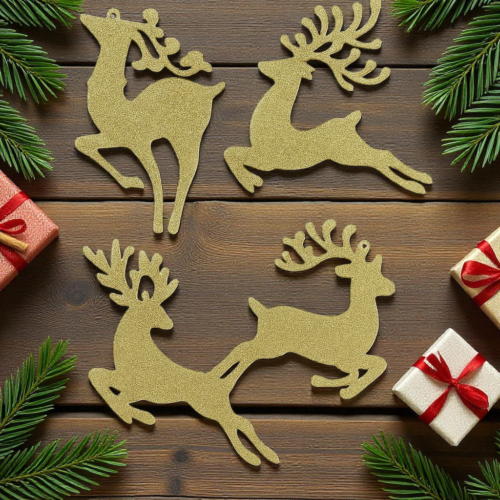 Altın Glitter Yılbaşı Geyiği Seti (4 Adet) - Ren Geyiği Ağaç Süsü Dekorasyon