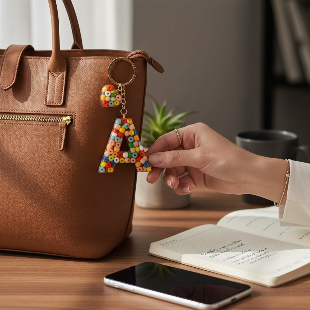 Kişiye Özel Epoksi Harf Anahtarlık - Renkli Boncuklu Kalp Detaylı