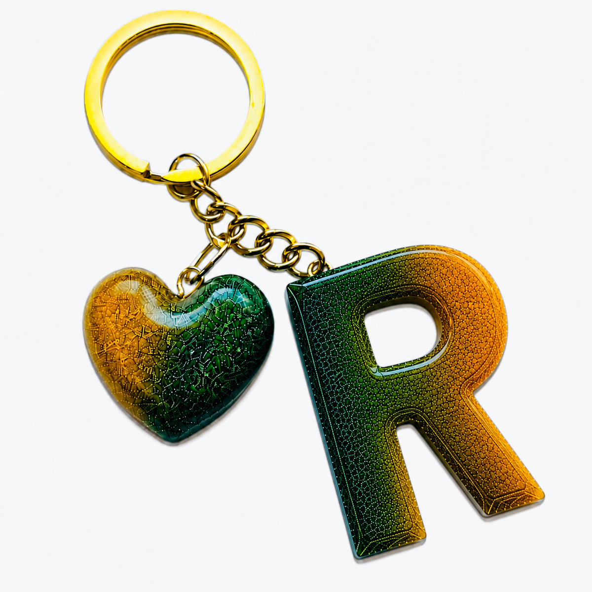 handmade green letter keychain with gold heart charm, product view 16