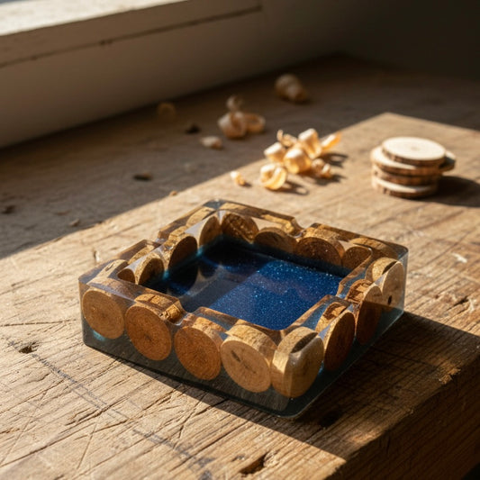El Yapımı Reçine Küllük - Lacivert Epoksi ve Doğal Şarap Mantarı Tasarımlı Dekoratif Küllük