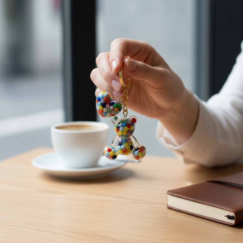 El Yapımı Epoksi Ayıcık Anahtarlık Renkli Boncuklu