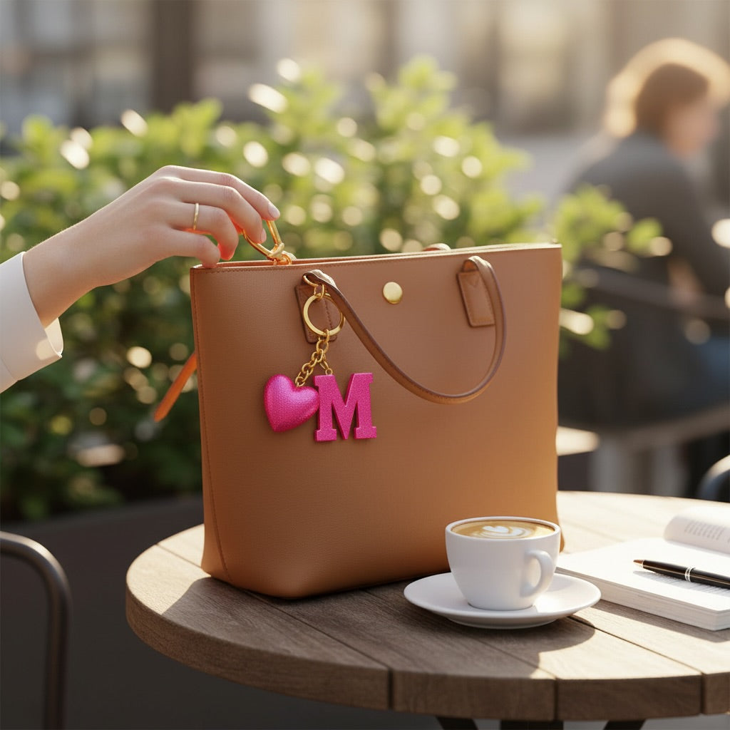 M letter handmade resin heart keychain, product view 12