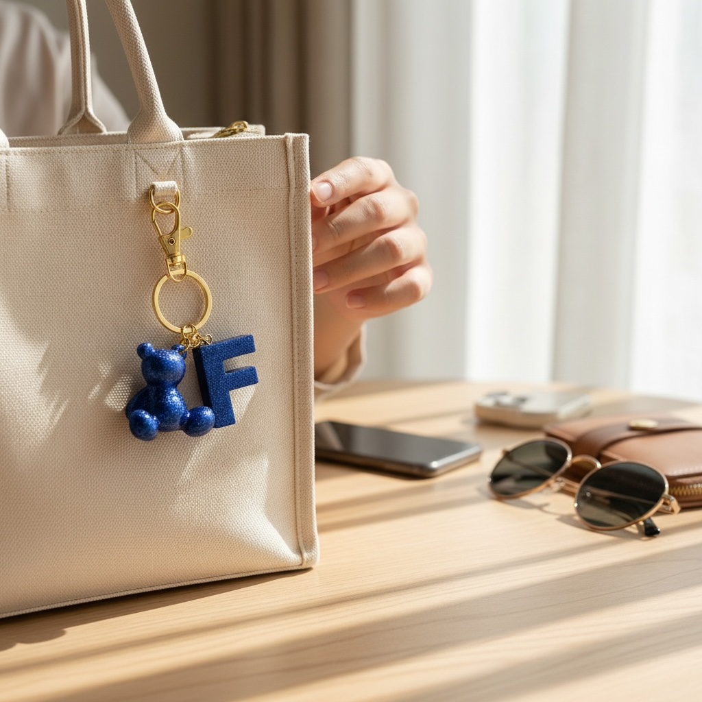 Blue handmade resin bear keychain with the letter F on a bag