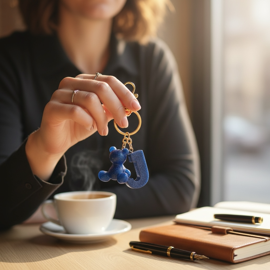 Blue handmade resin bear keychain with the letter J on a bag