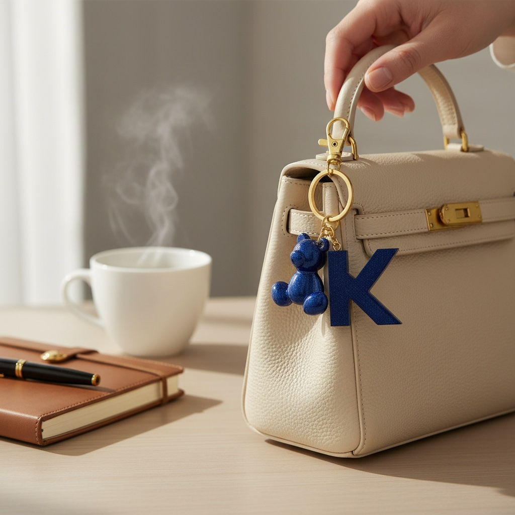 Blue handmade resin bear keychain with the letter K on a bag