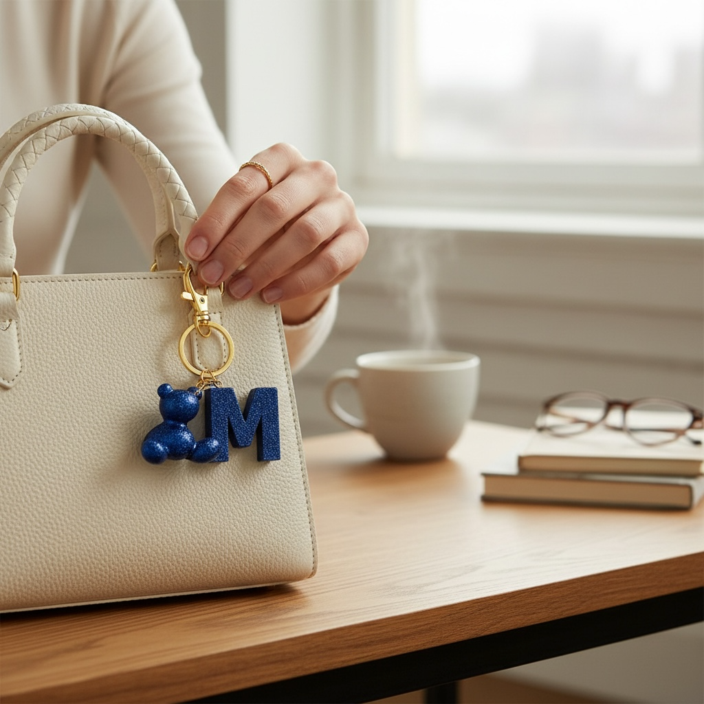 Blue handmade resin bear keychain with the letter M on a bag