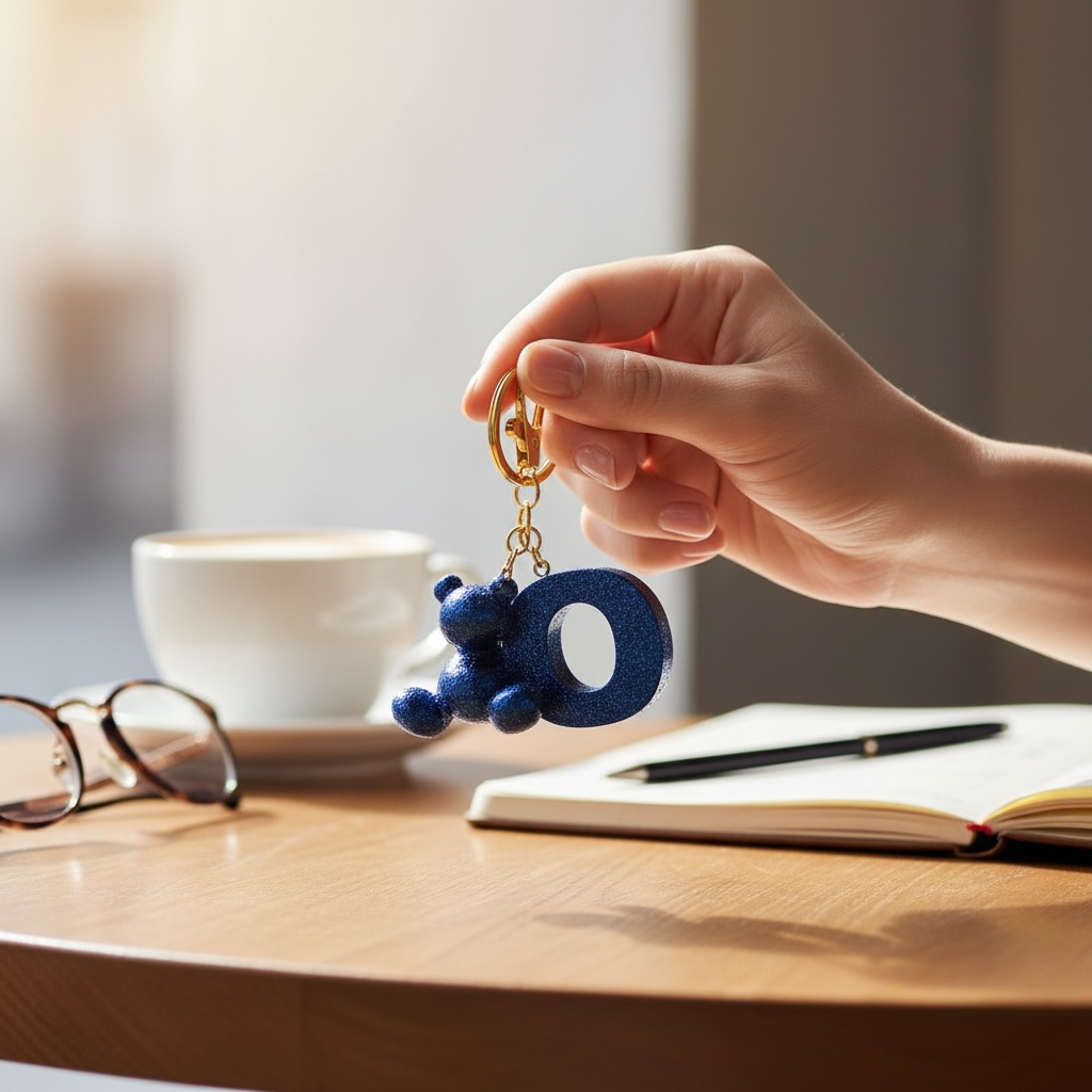 Blue handmade resin bear keychain with the letter O on a bag