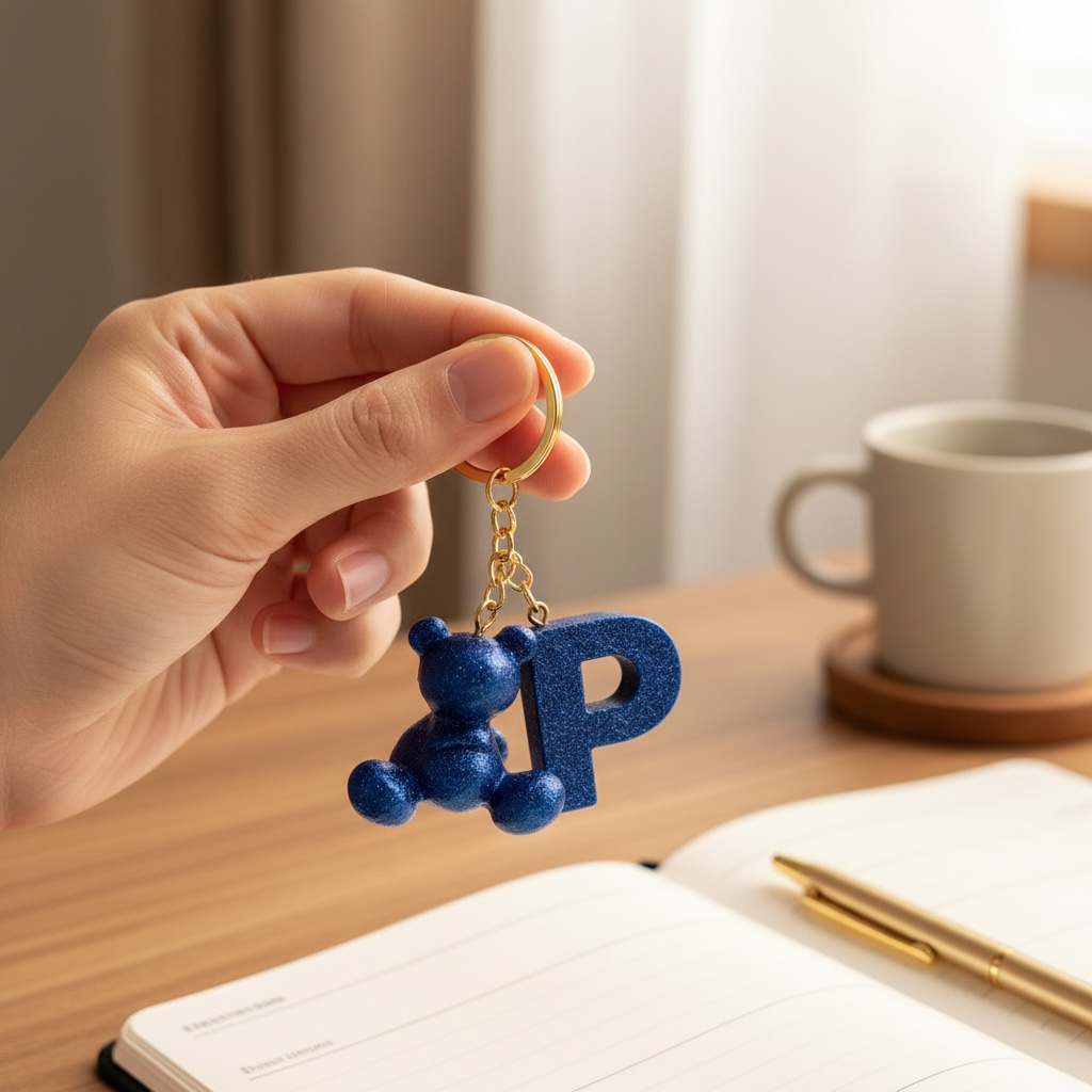 Blue handmade resin bear keychain with the letter P on a bag