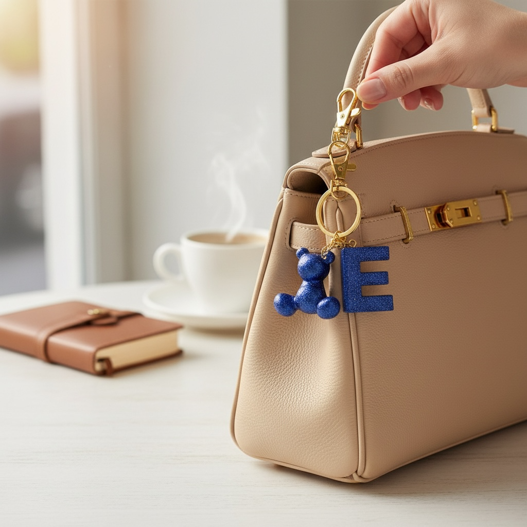 Blue handmade resin bear keychain with the letter E on a bag