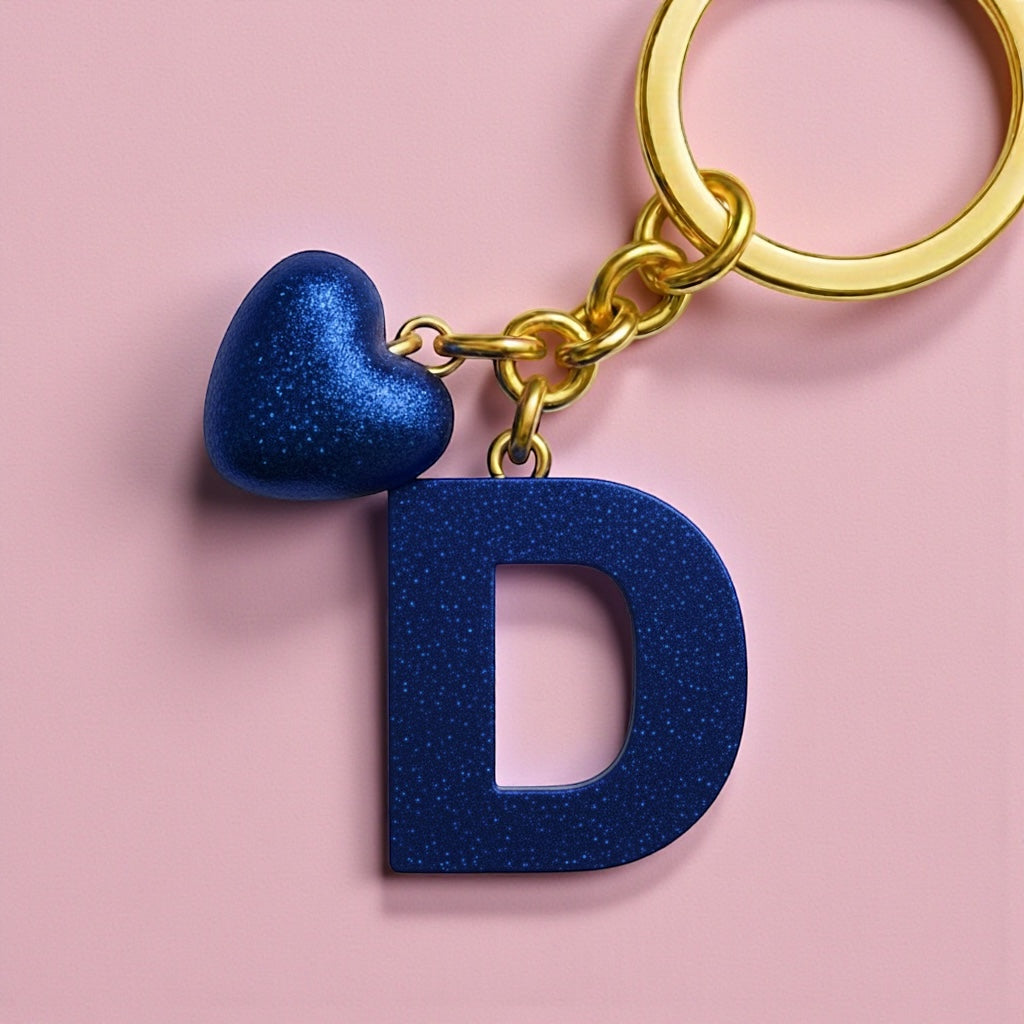 Kişiye Özel D Harf Kalp Detaylı Reçine Anahtarlık