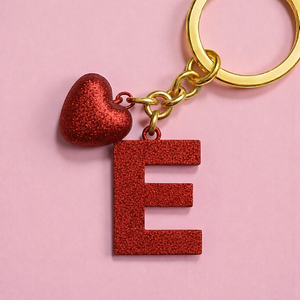 E letter handmade resin heart keychain, product view 1