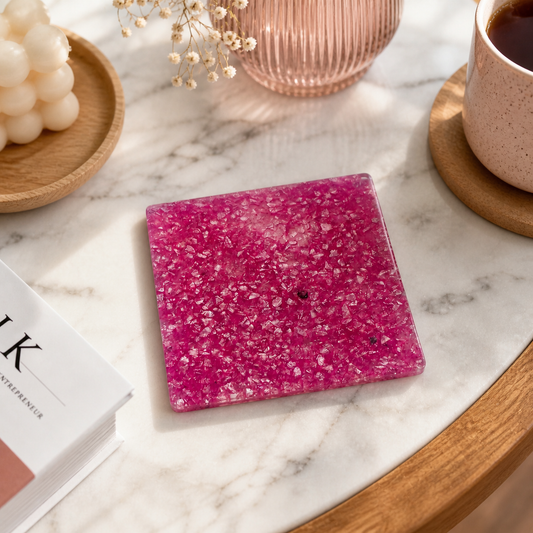 Set of 5 Pink Resin Coasters with Crushed Glass Details detail view