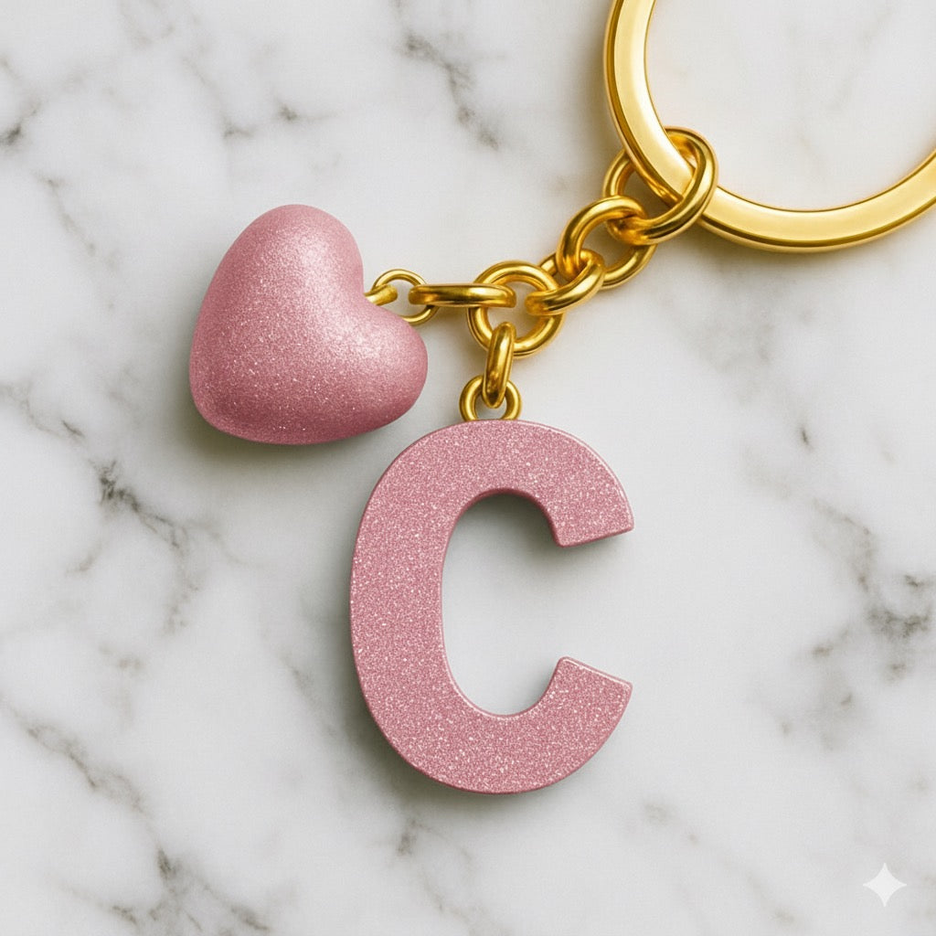 C Harfi Reçine Anahtarlık – Renkli Kalp Detaylı – Kişiye Özel El Yapımı Harf Anahtarlık