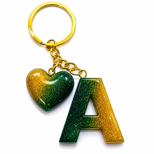 handmade green letter keychain with gold heart charm, product view 1