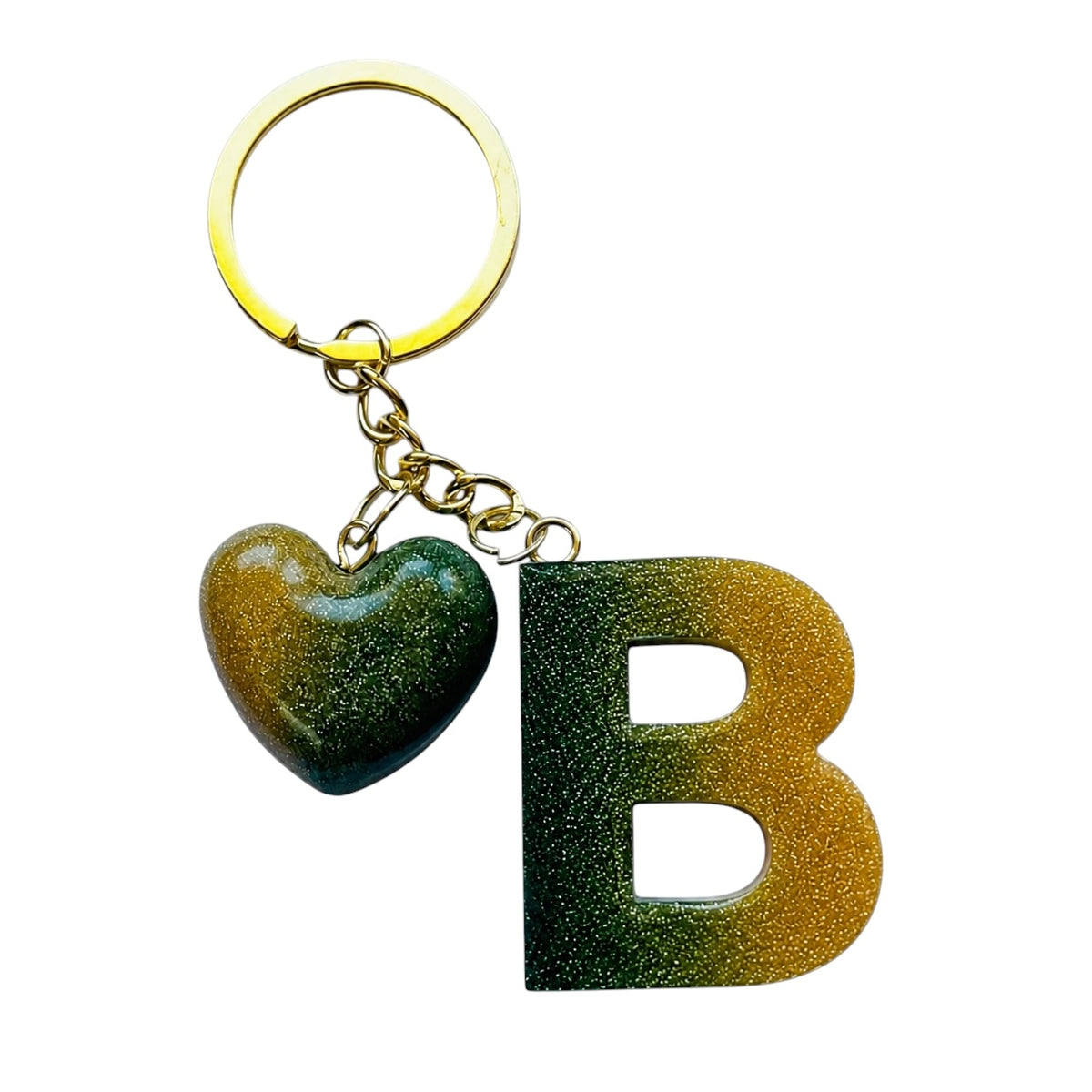 handmade green letter keychain with gold heart charm, product view 2