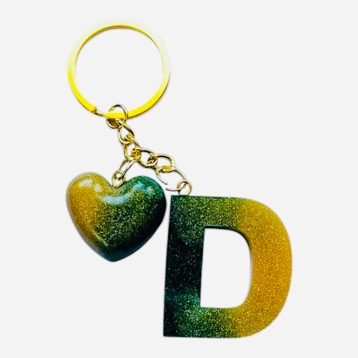 handmade green letter keychain with gold heart charm, product view 4