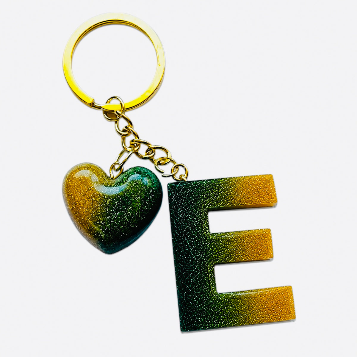handmade green letter keychain with gold heart charm, product view 5