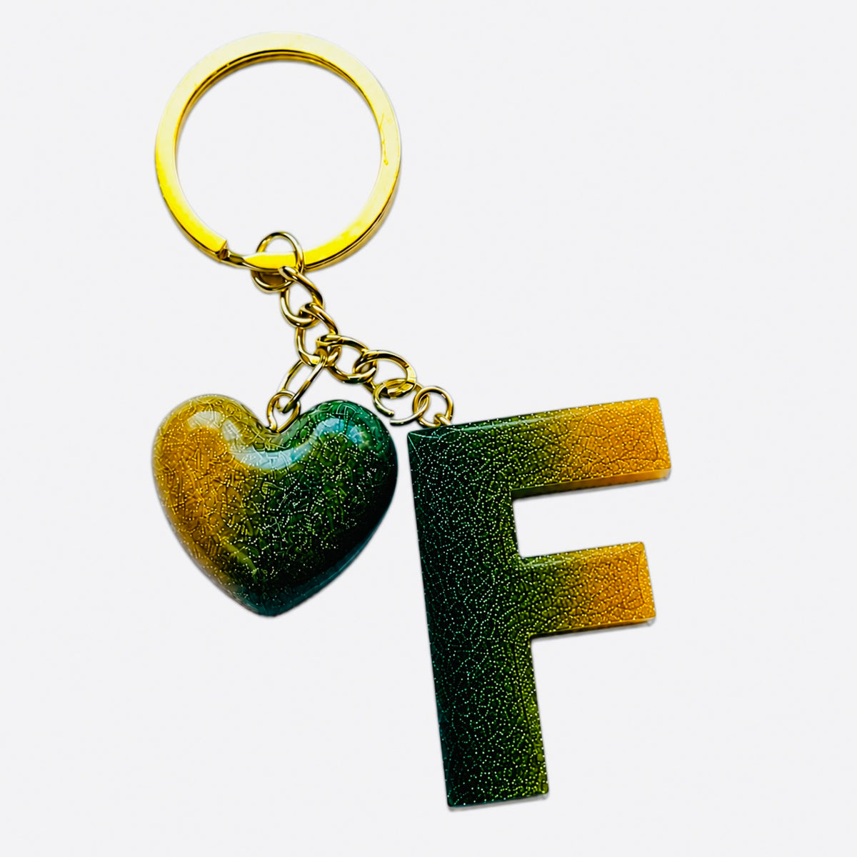 handmade green letter keychain with gold heart charm, product view 6
