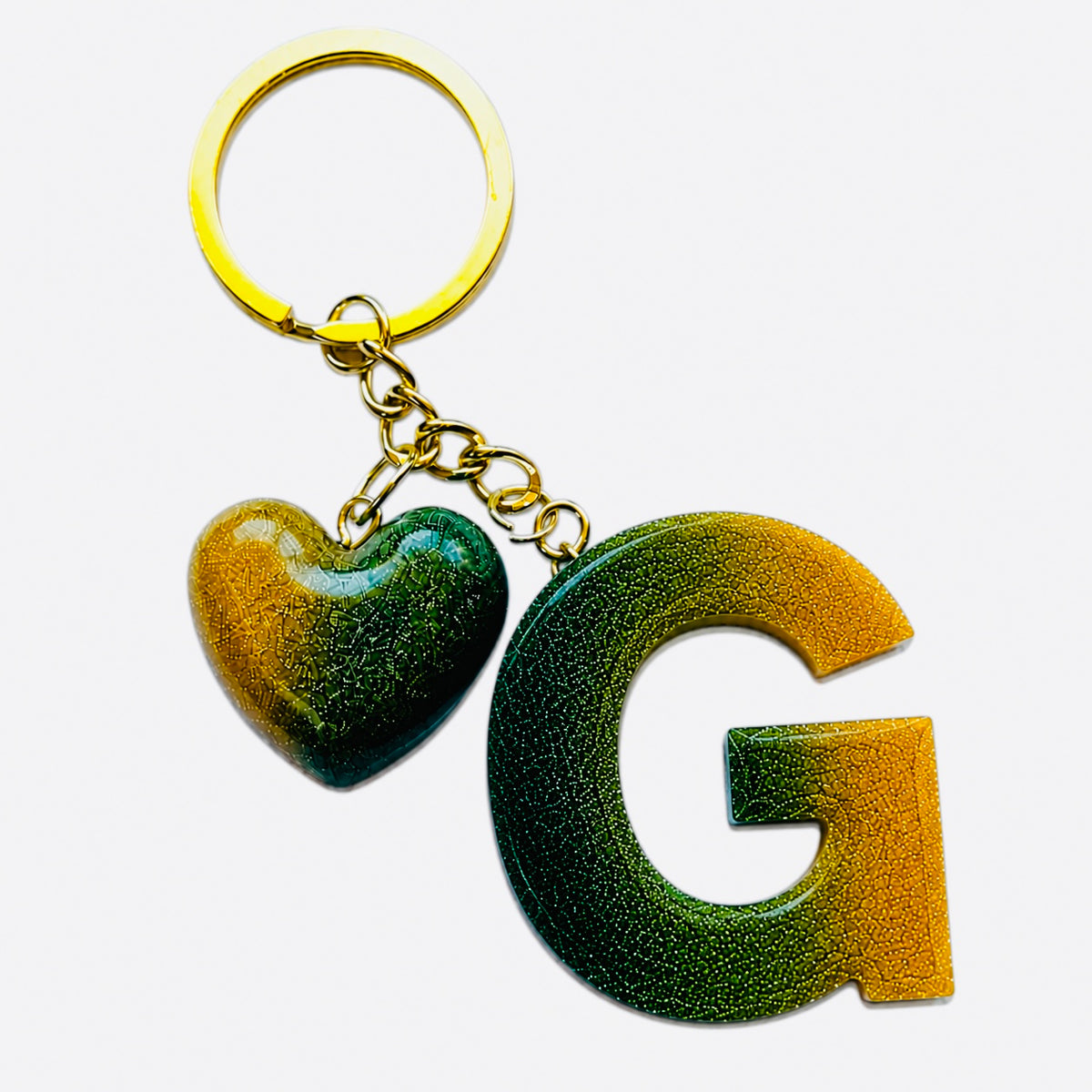 handmade green letter keychain with gold heart charm, product view 7