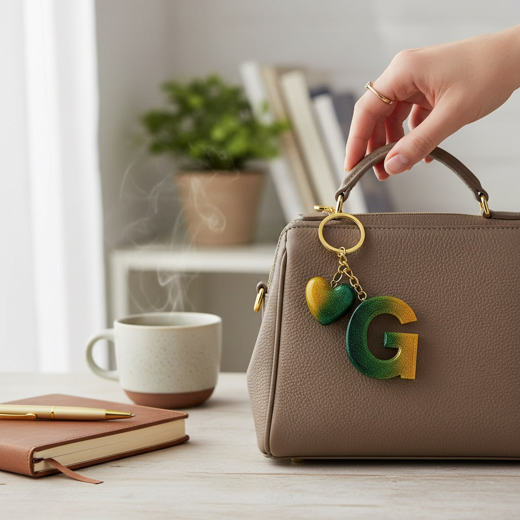 handmade green letter keychain with gold heart charm, product view 29
