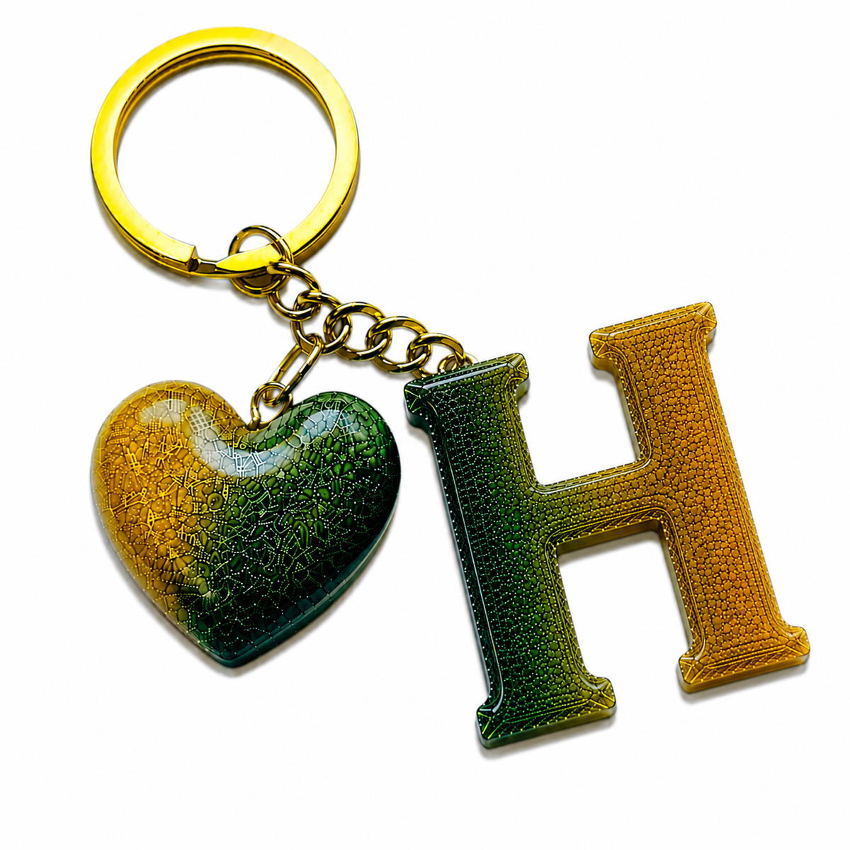 handmade green letter keychain with gold heart charm, product view 8