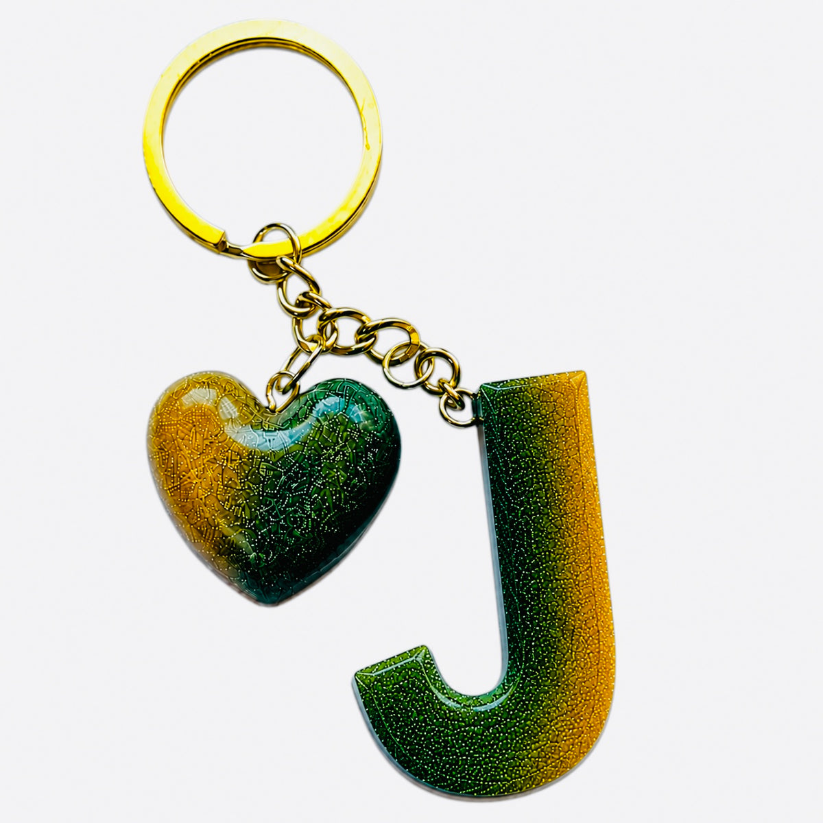handmade green letter keychain with gold heart charm, product view 9