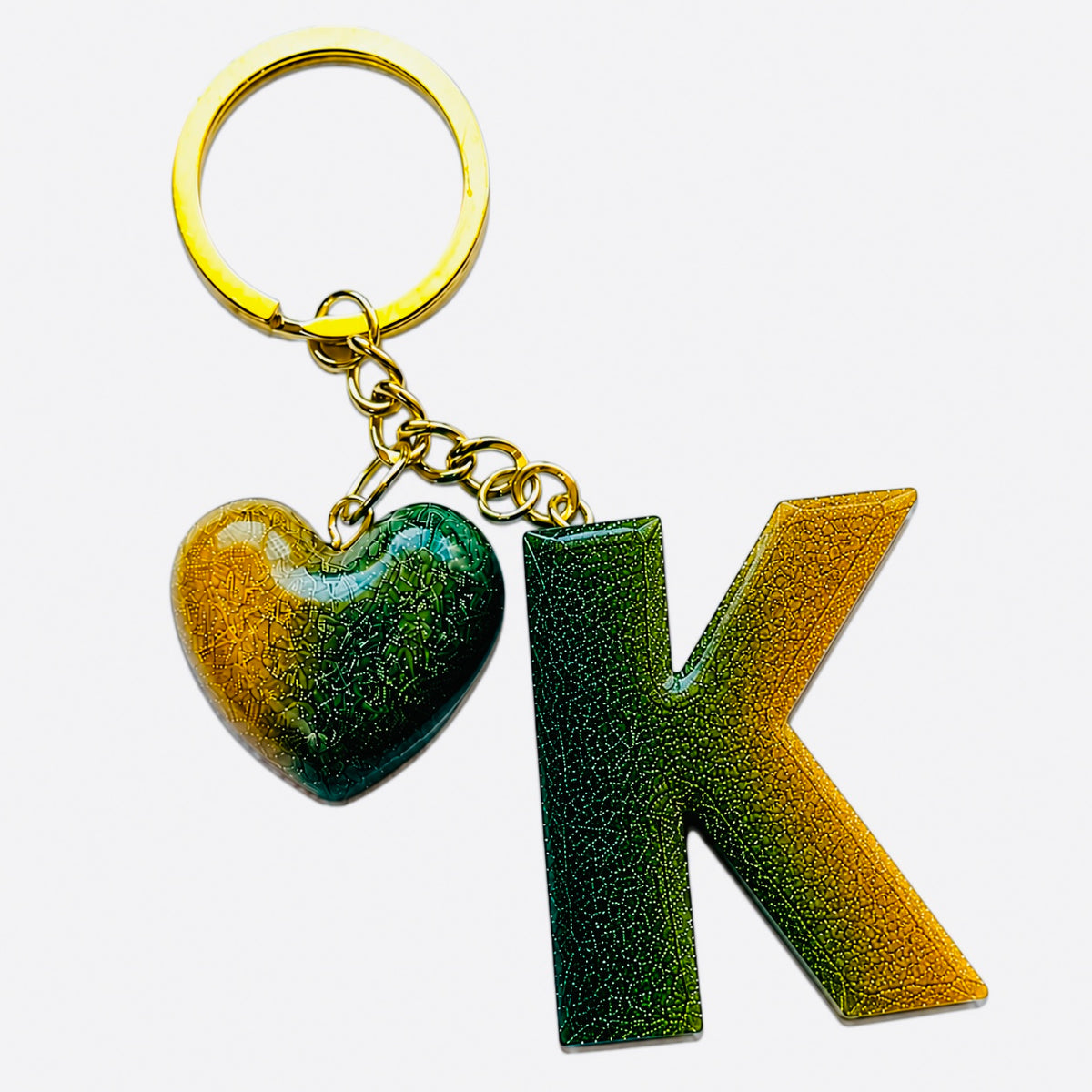 handmade green letter keychain with gold heart charm, product view 10