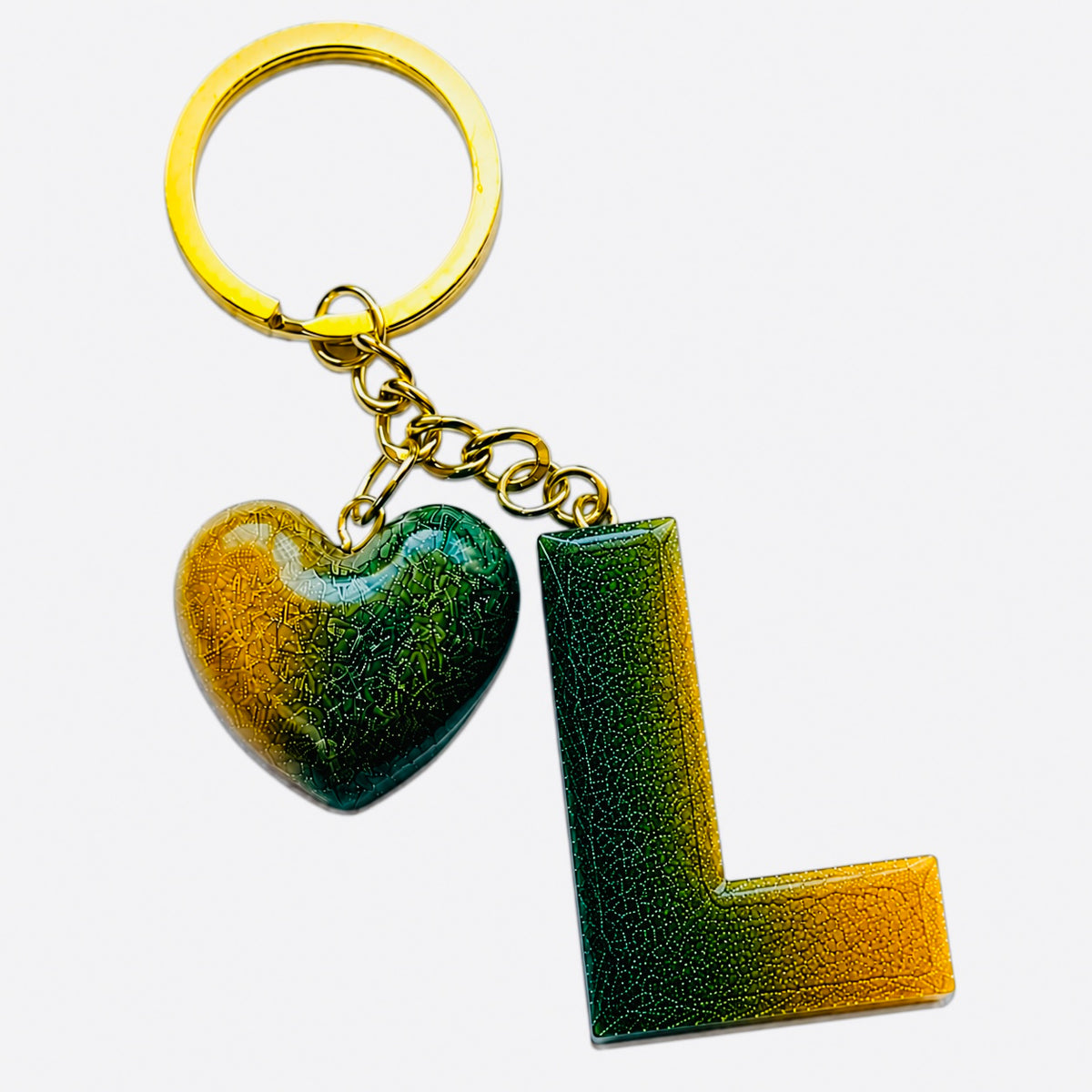 handmade green letter keychain with gold heart charm, product view 11