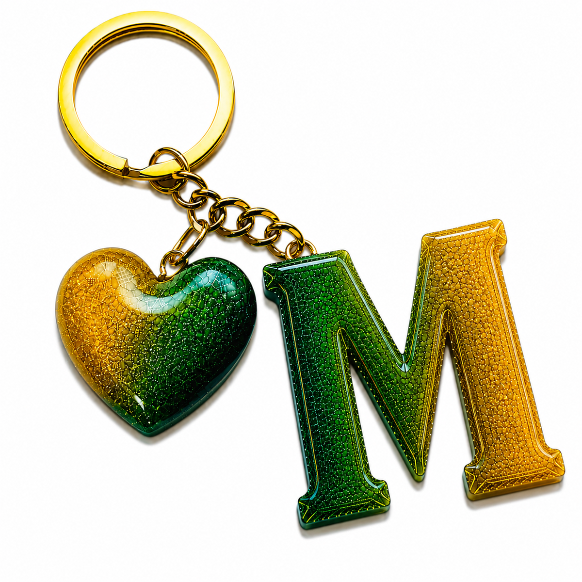 handmade green letter keychain with gold heart charm, product view 12