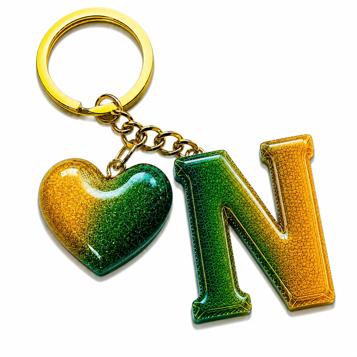 handmade green letter keychain with gold heart charm, product view 13