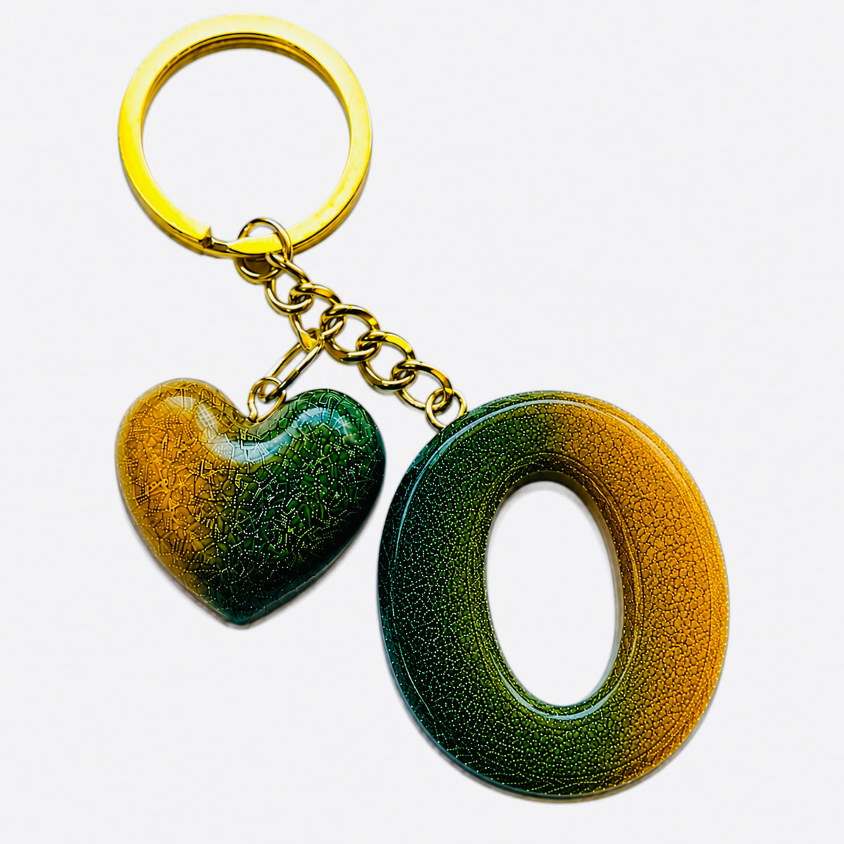 handmade green letter keychain with gold heart charm, product view 14