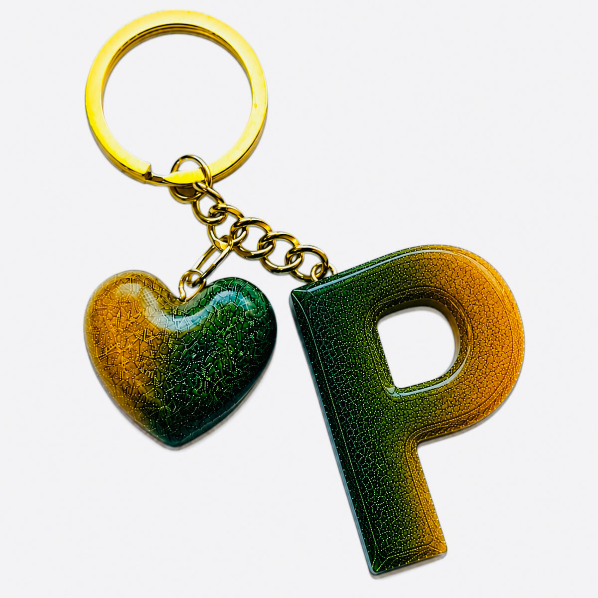 handmade green letter keychain with gold heart charm, product view 15