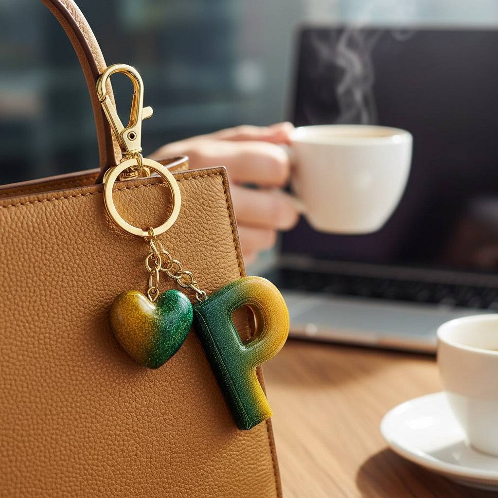 handmade green letter keychain with gold heart charm, product view 37