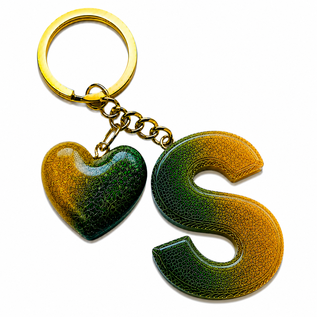 handmade green letter keychain with gold heart charm, product view 17