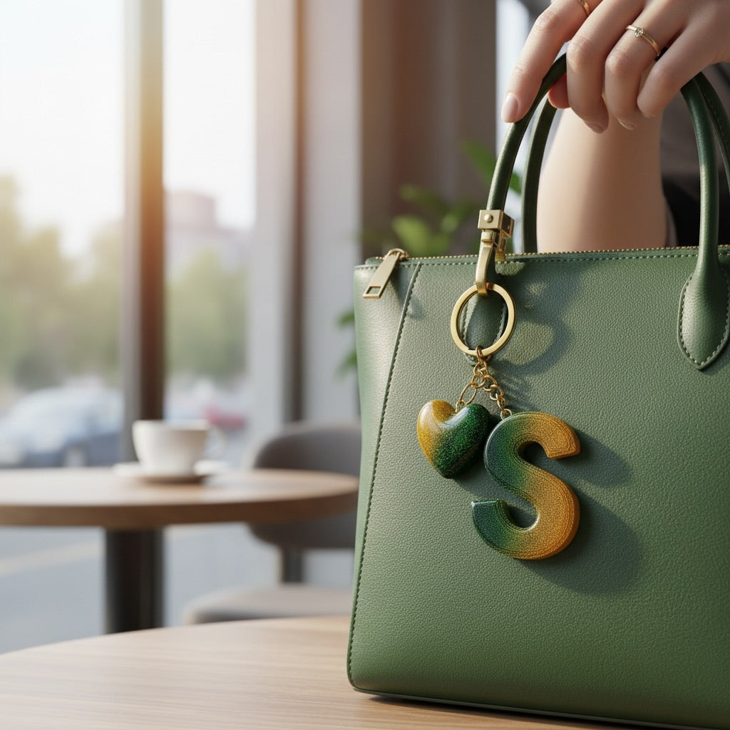 handmade green letter keychain with gold heart charm, product view 39