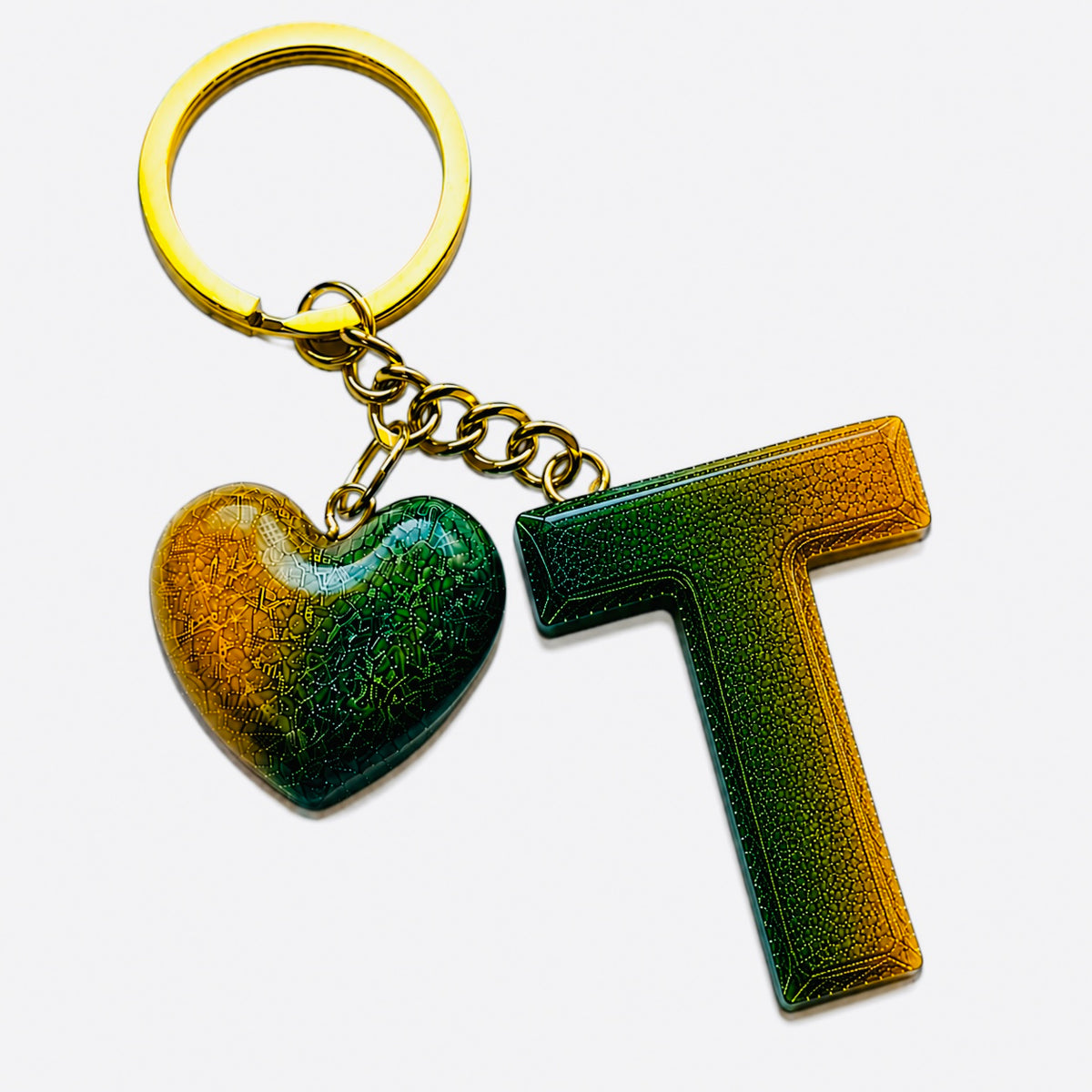 handmade green letter keychain with gold heart charm, product view 18