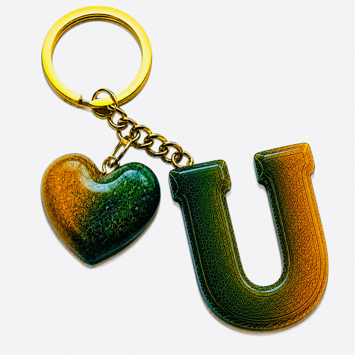 handmade green letter keychain with gold heart charm, product view 19