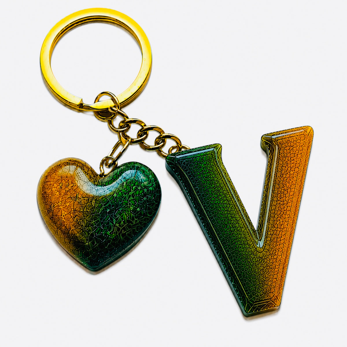 handmade green letter keychain with gold heart charm, product view 20
