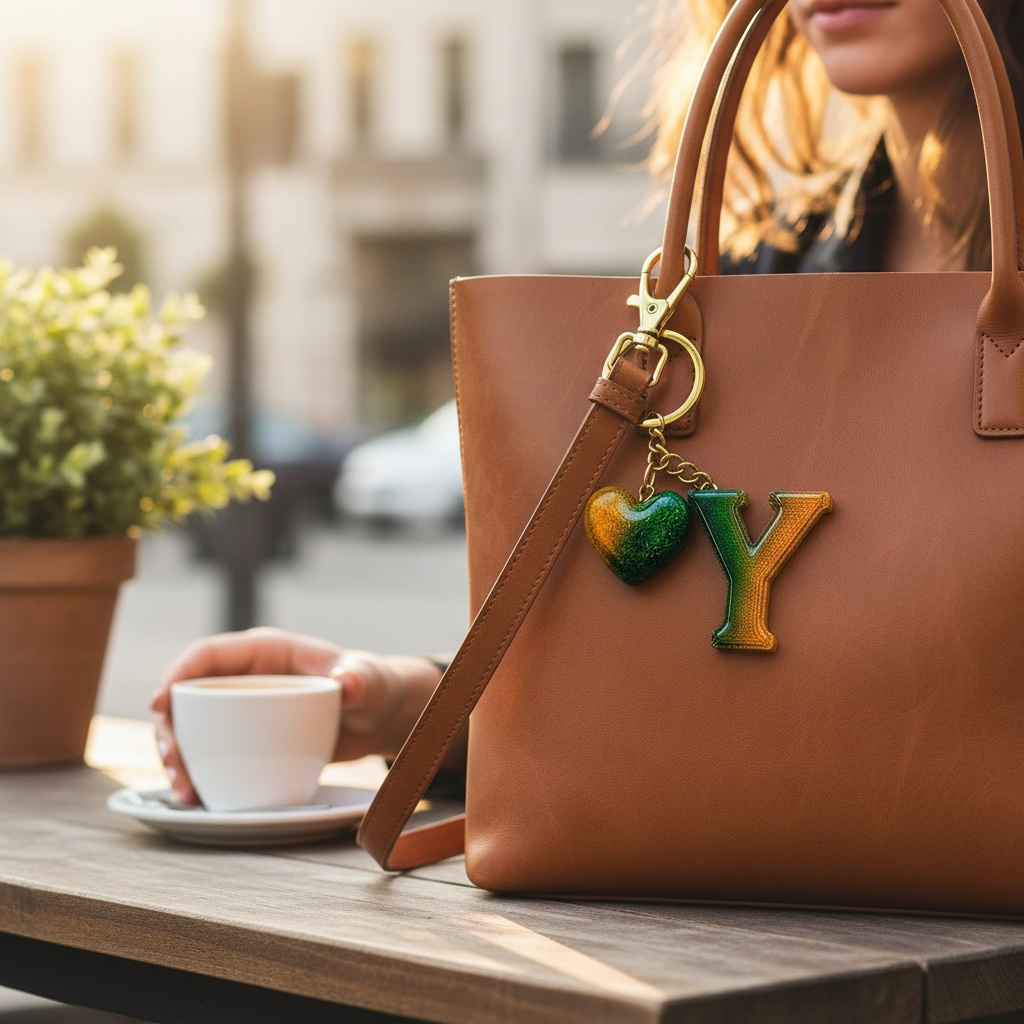handmade green letter keychain with gold heart charm, product view 43
