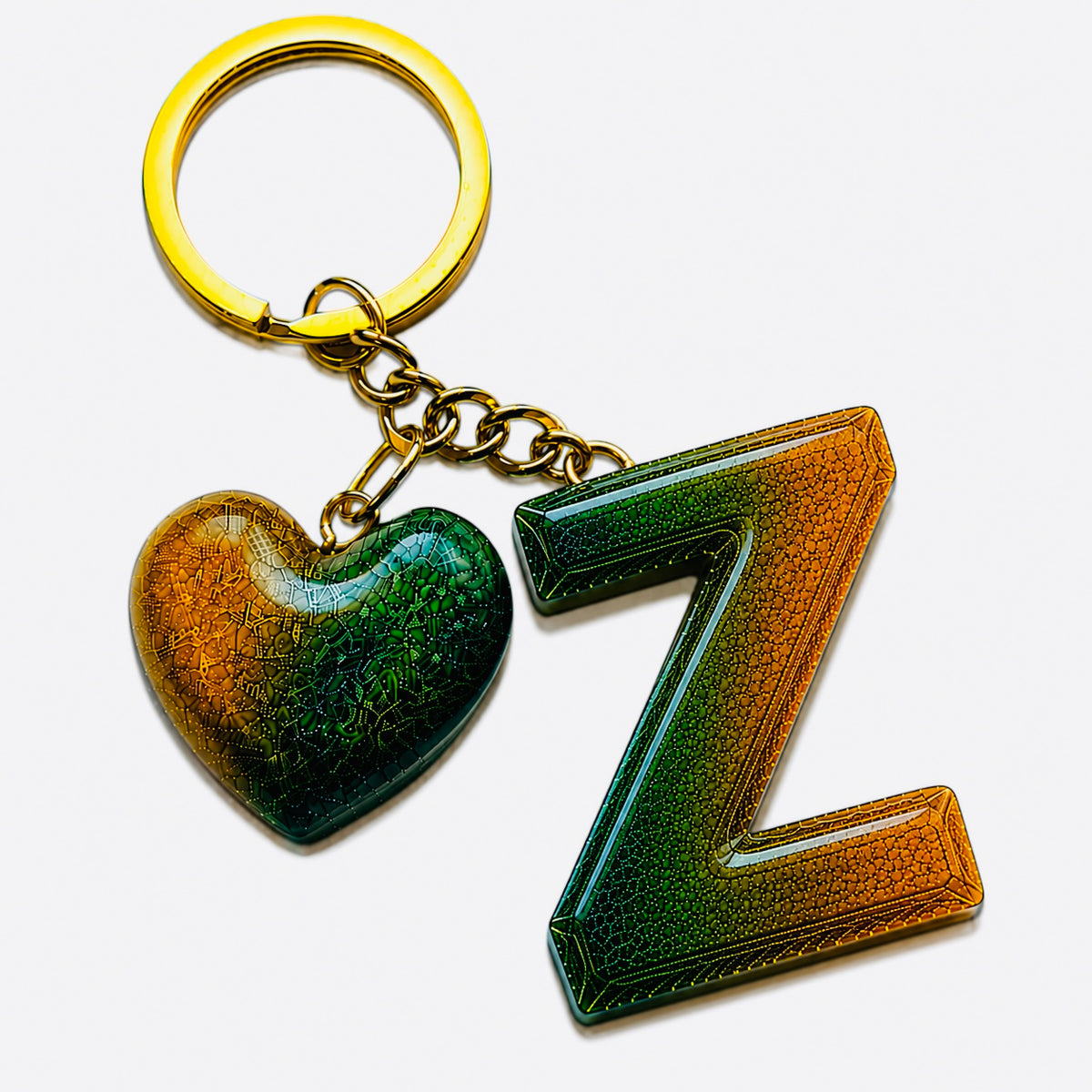 handmade green letter keychain with gold heart charm, product view 22