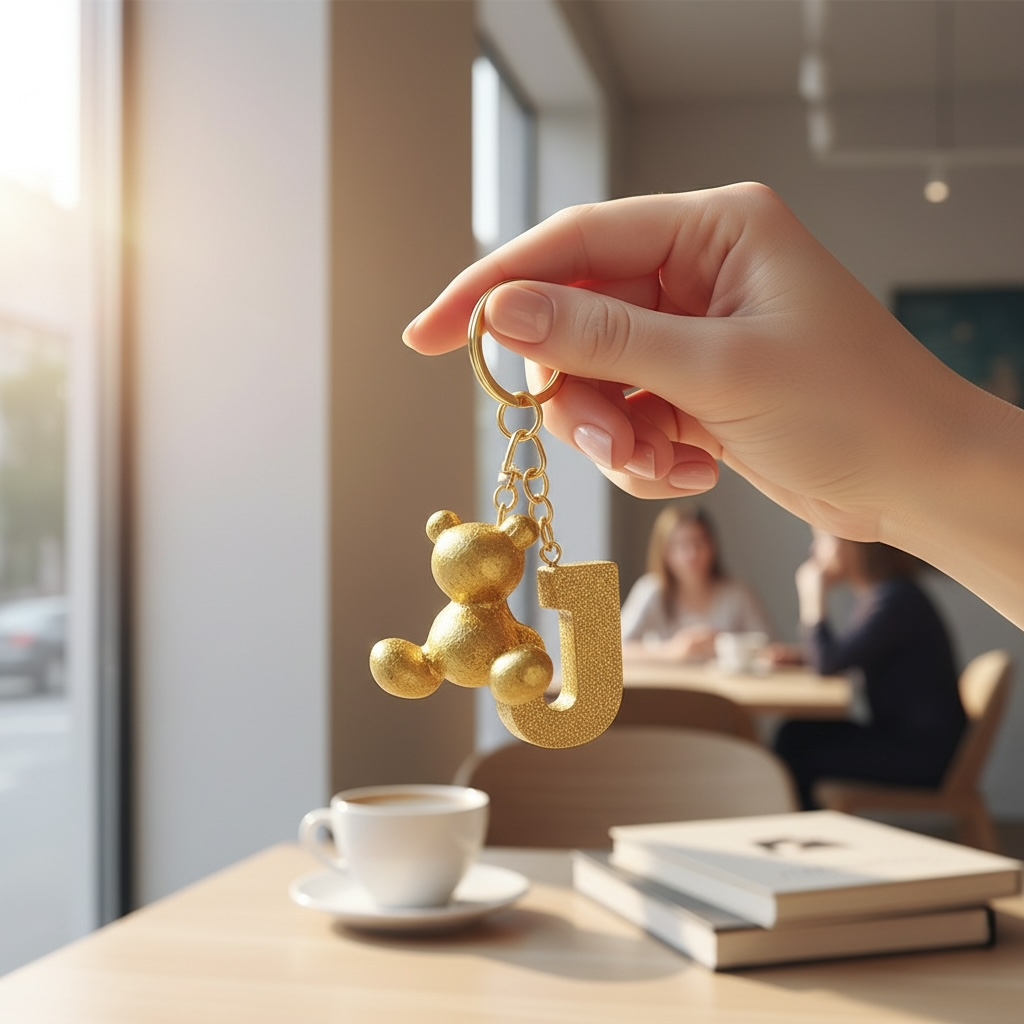 Gold handmade resin bear keychain with the letter J on a bag