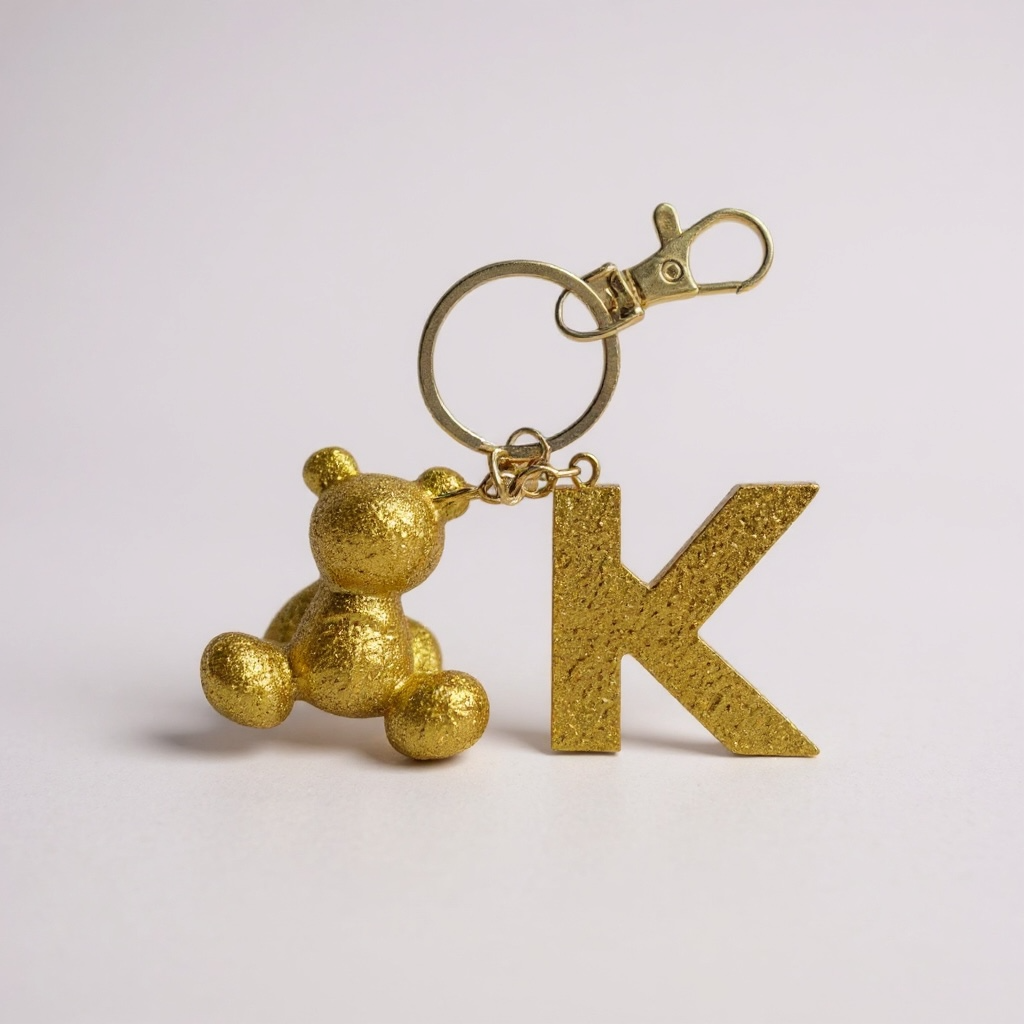Gold handmade resin bear keychain with the letter K