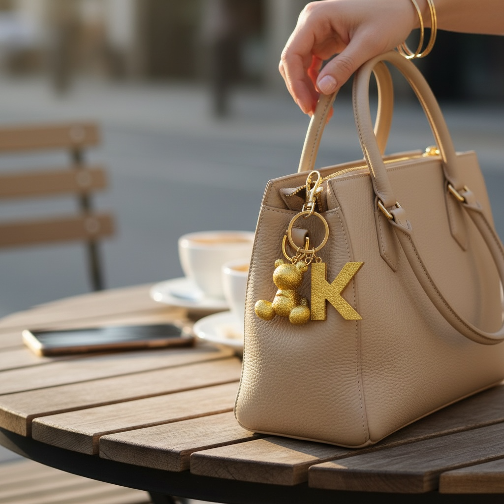Gold handmade resin bear keychain with the letter K on a bag