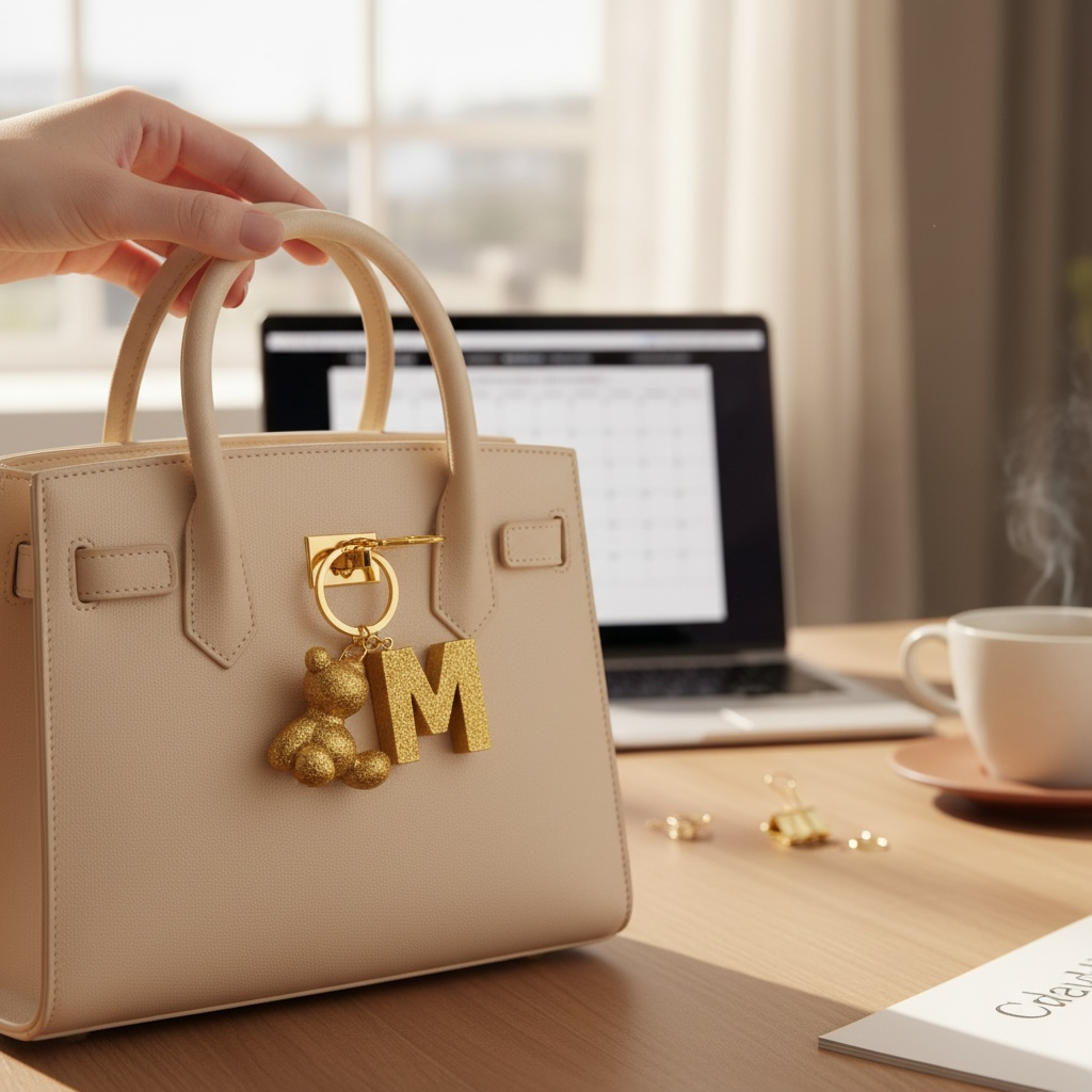 Gold handmade resin bear keychain with the letter M on a bag