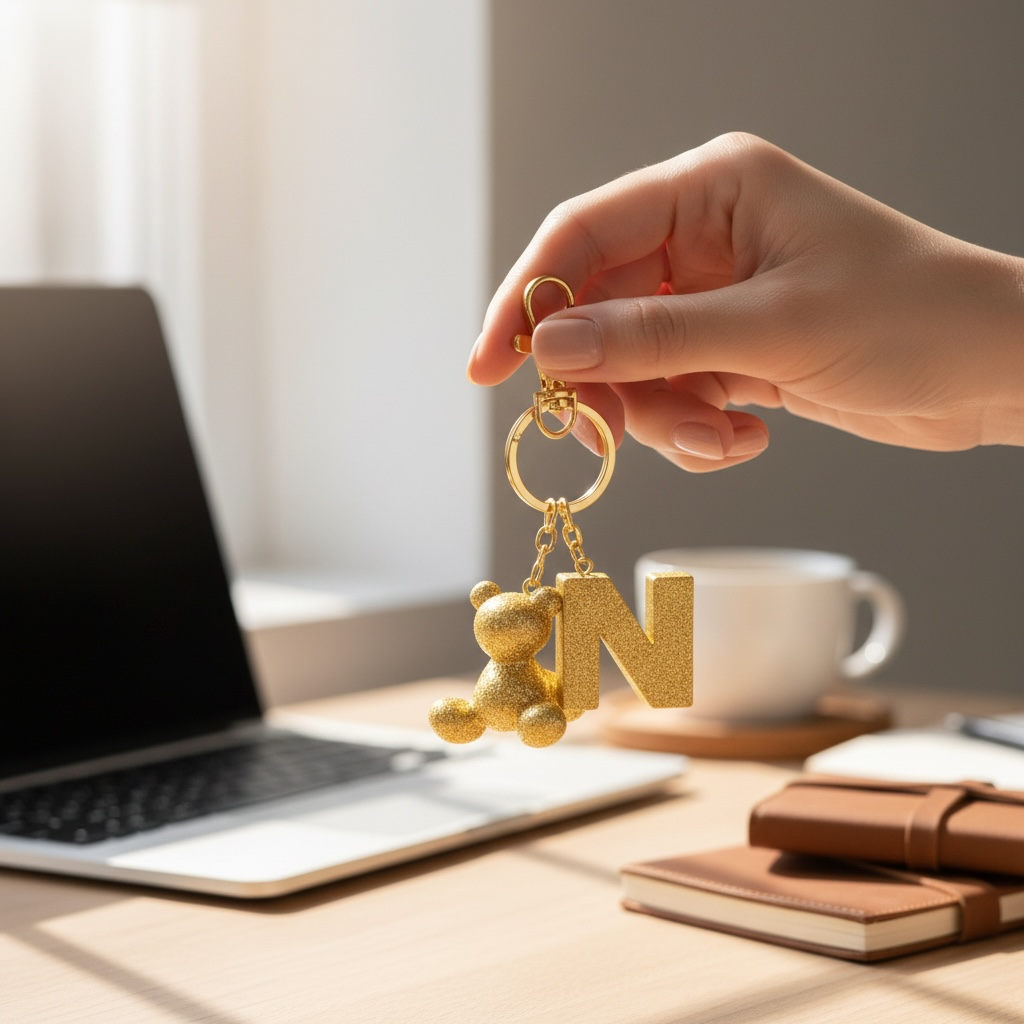 Gold handmade resin bear keychain with the letter N