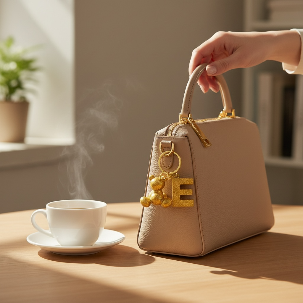 Gold handmade resin bear keychain with the letter E on a bag