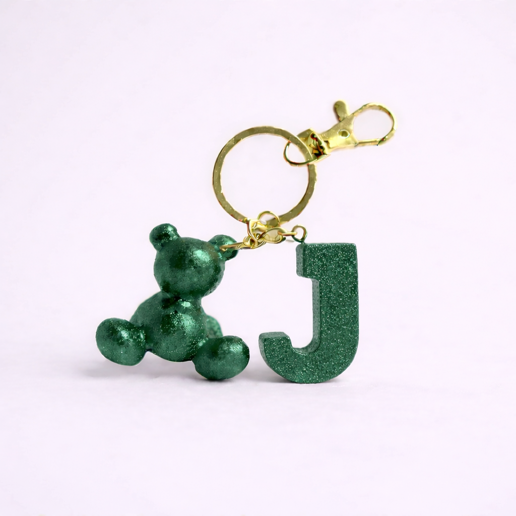 Green handmade resin bear keychain with the letter J