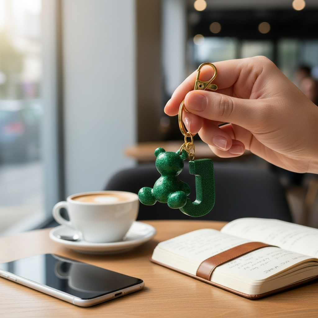 Green handmade resin bear keychain with the letter J on a bag