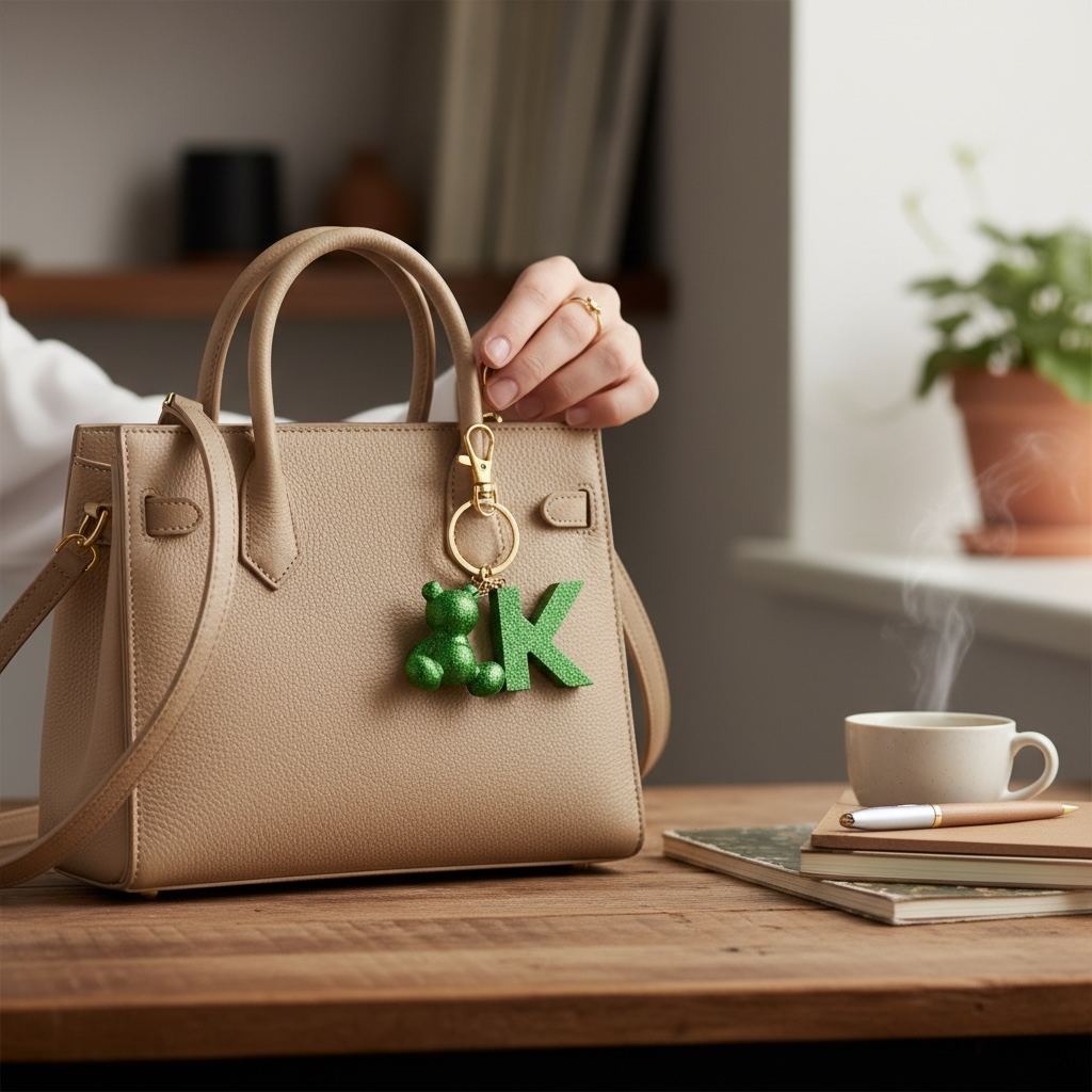 Green handmade resin bear keychain with the letter K on a bag